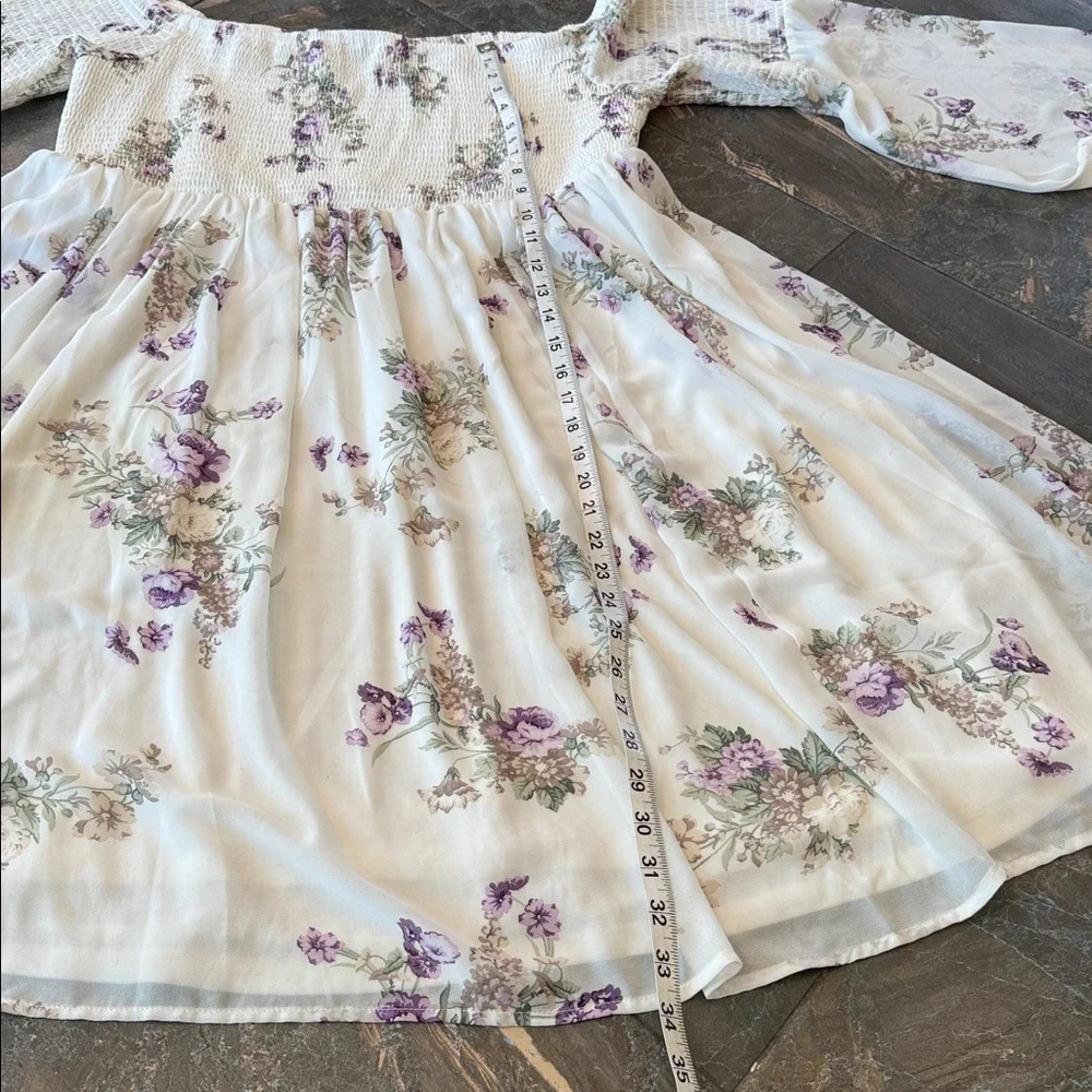 Torrid ivory and purple floral smocked chiffon off-the-shoulder dress - Picture 14 of 15
